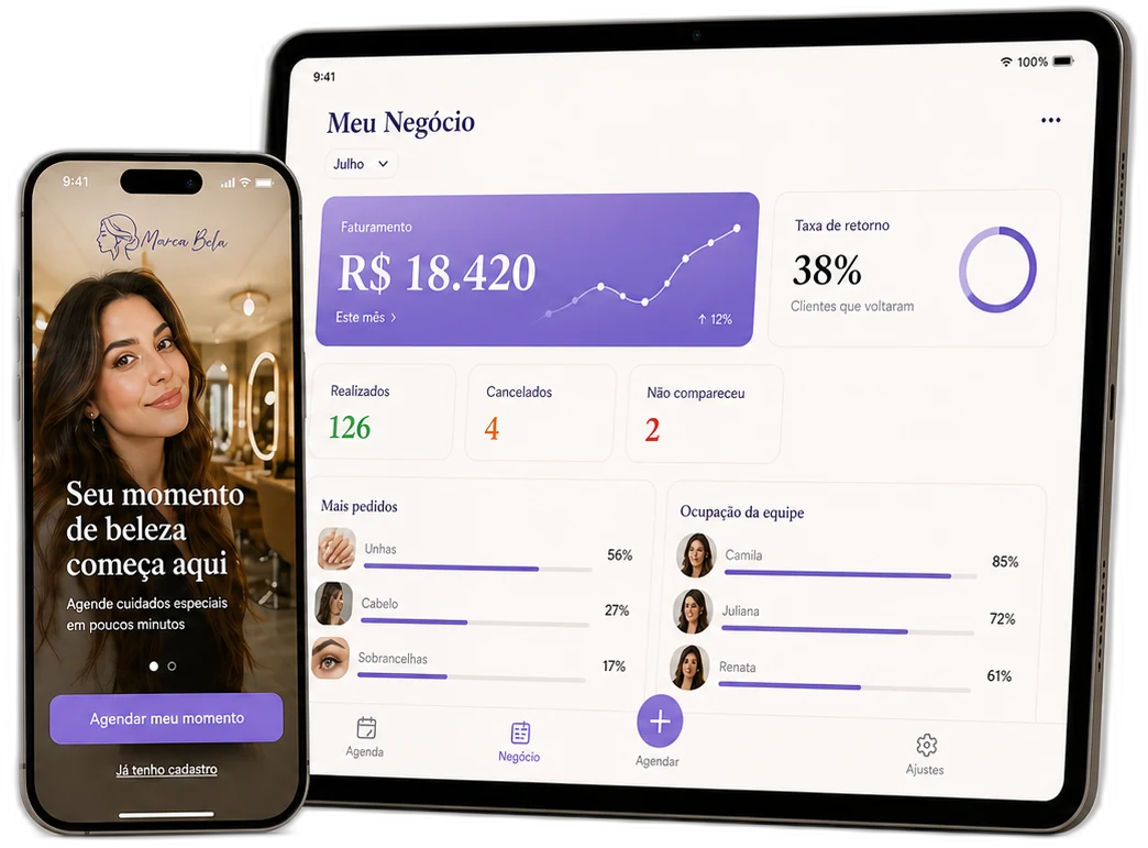 App Marca Bela no celular e no tablet, mostrando a tela de agendamento e o painel do negócio com faturamento e taxa de retorno